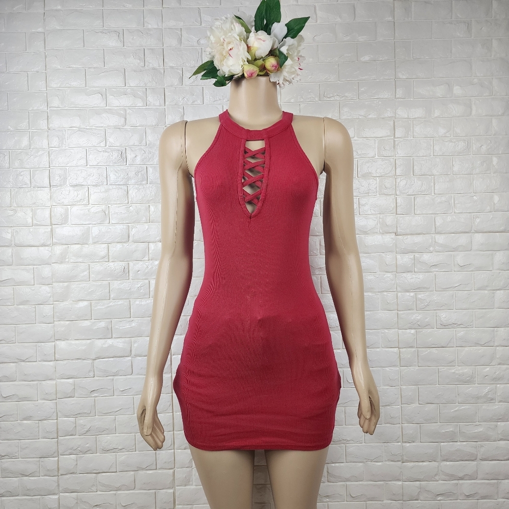 Derek Heart Small Red Mini Knit Dress – Fitted Casual Short Dress - Picture 2 of 5